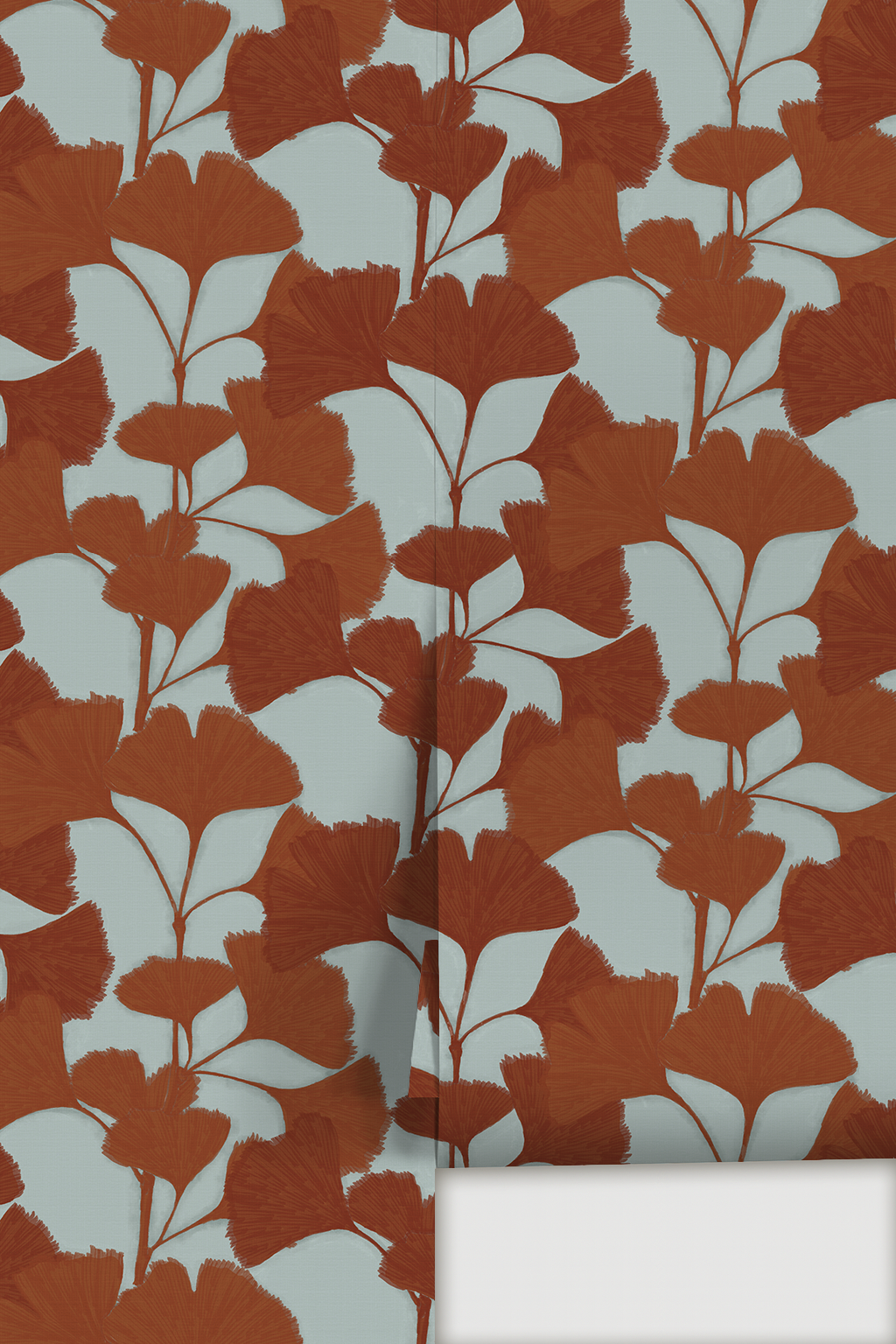 Ginkgo Vignette Wallpaper, light blue and rust