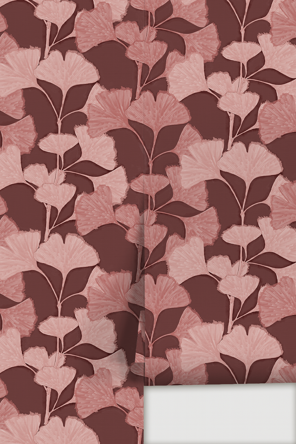 Gingko Vignette Wallpaper, muted wine and blush