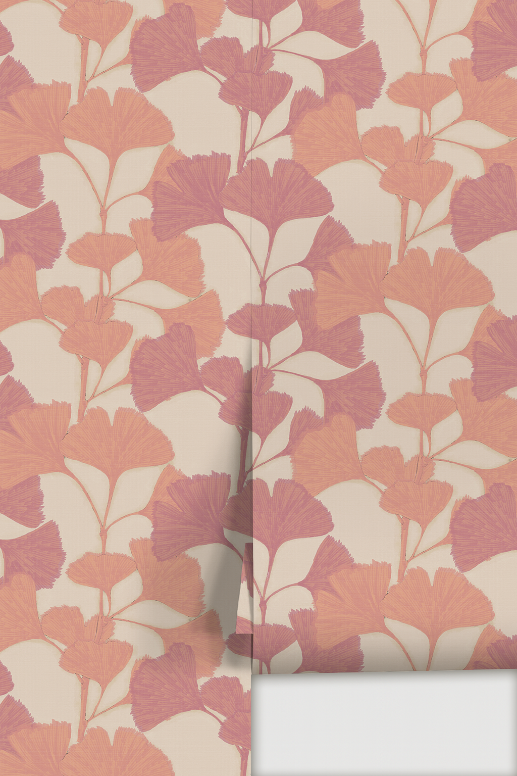 Ginkgo Vignette Wallpaper, neutral and coral, magenta