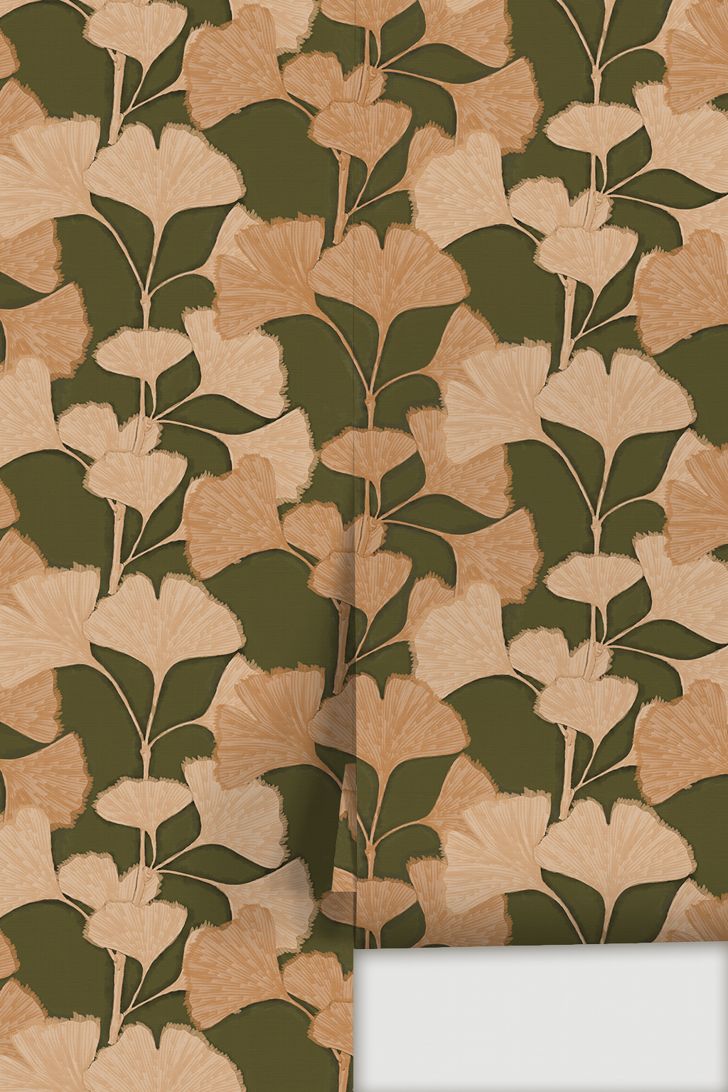 Gingko Vignette Wallpaper, olive green and peach