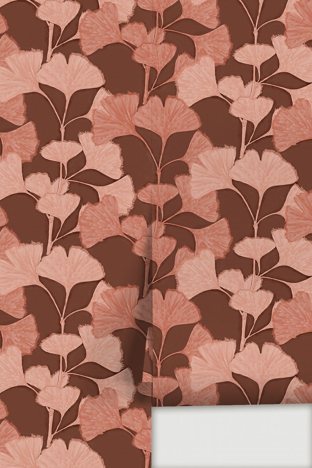 Ginkgo Vignette Wallpaper, red brown and coral