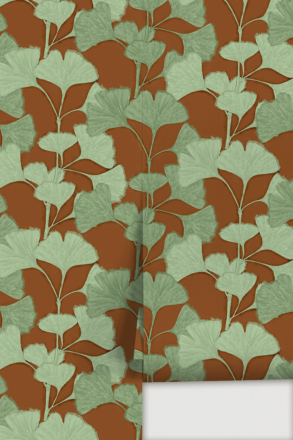 Ginkgo Vignette Wallpaper, rust and sage