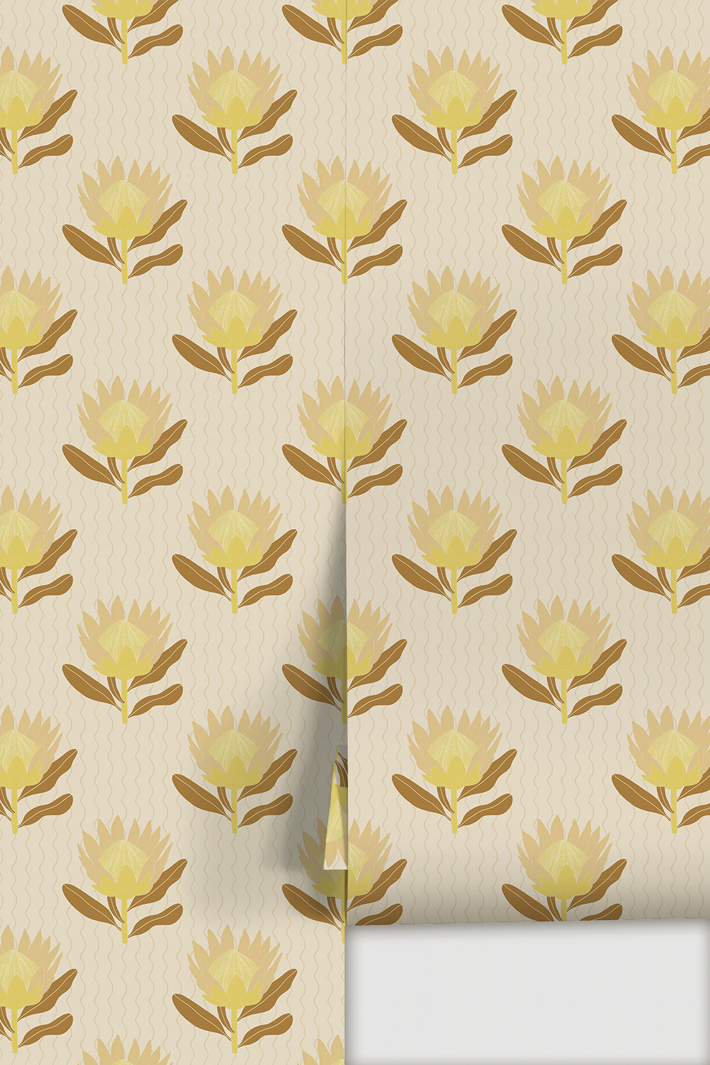 King Protea Wallpaper, neutral and brown mustard