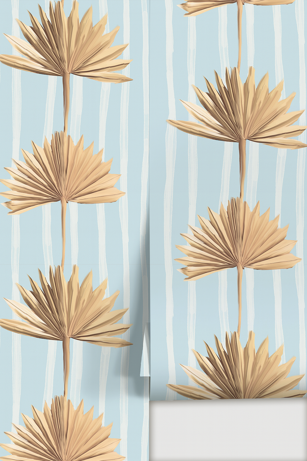 Stripey Palm Wallpaper, light blue and tan