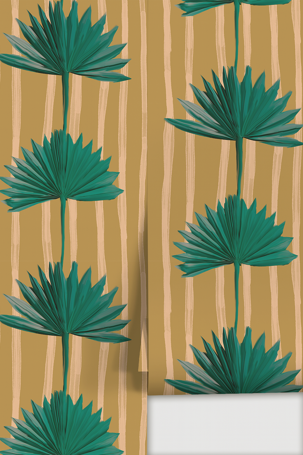 Stripey Palm Wallpaper, mustard and teal