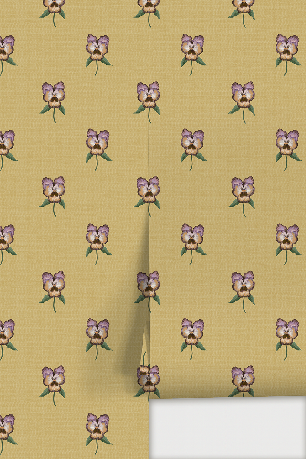 Pansy Parade Wallpaper, butter yellow and purple