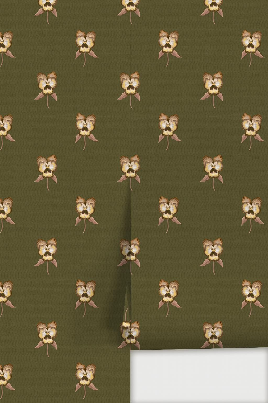 Pansy Parade Wallpaper, olive green and brown