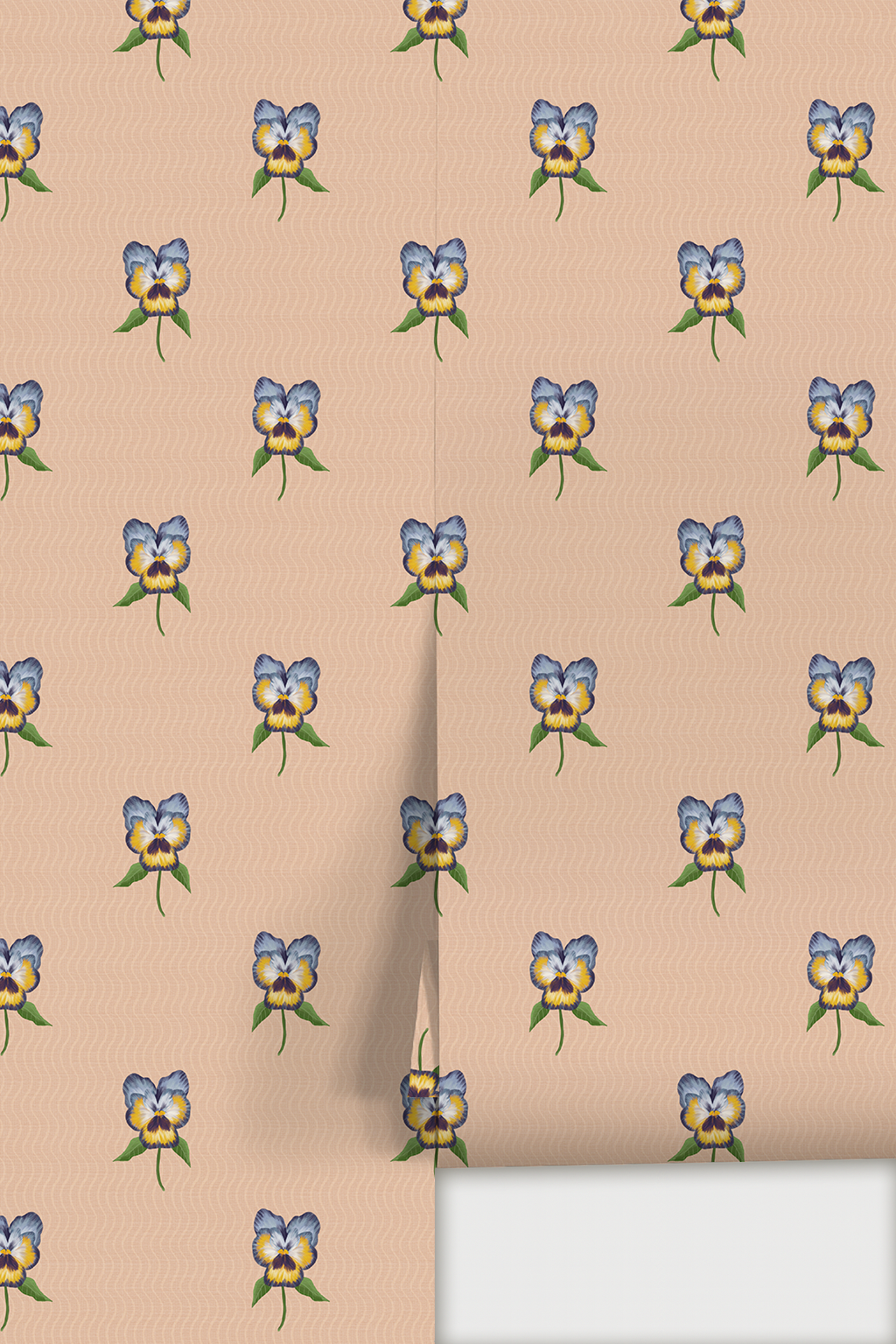 Pansy Parade Wallpaper, peach and violet blue