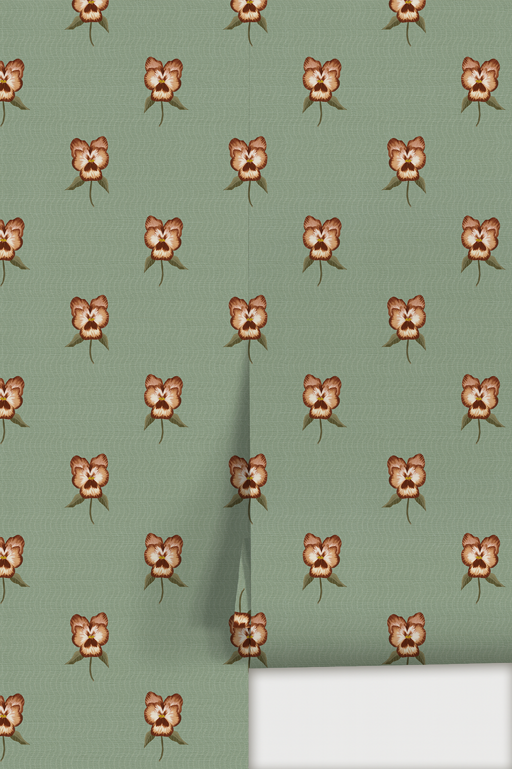 Pansy Parade Wallpaper, sage and brown
