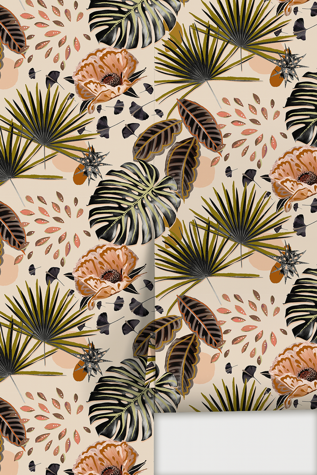 Floral Pop Wallpaper, olive and peach