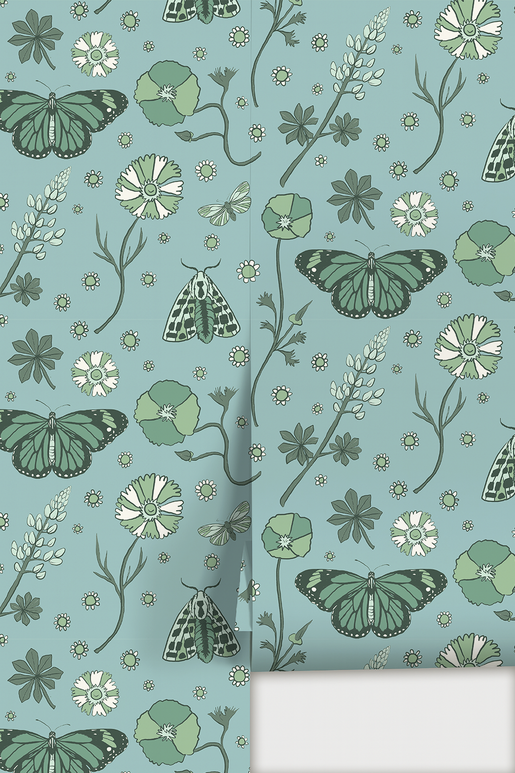 Poppy Please Wallpaper, blue and sage