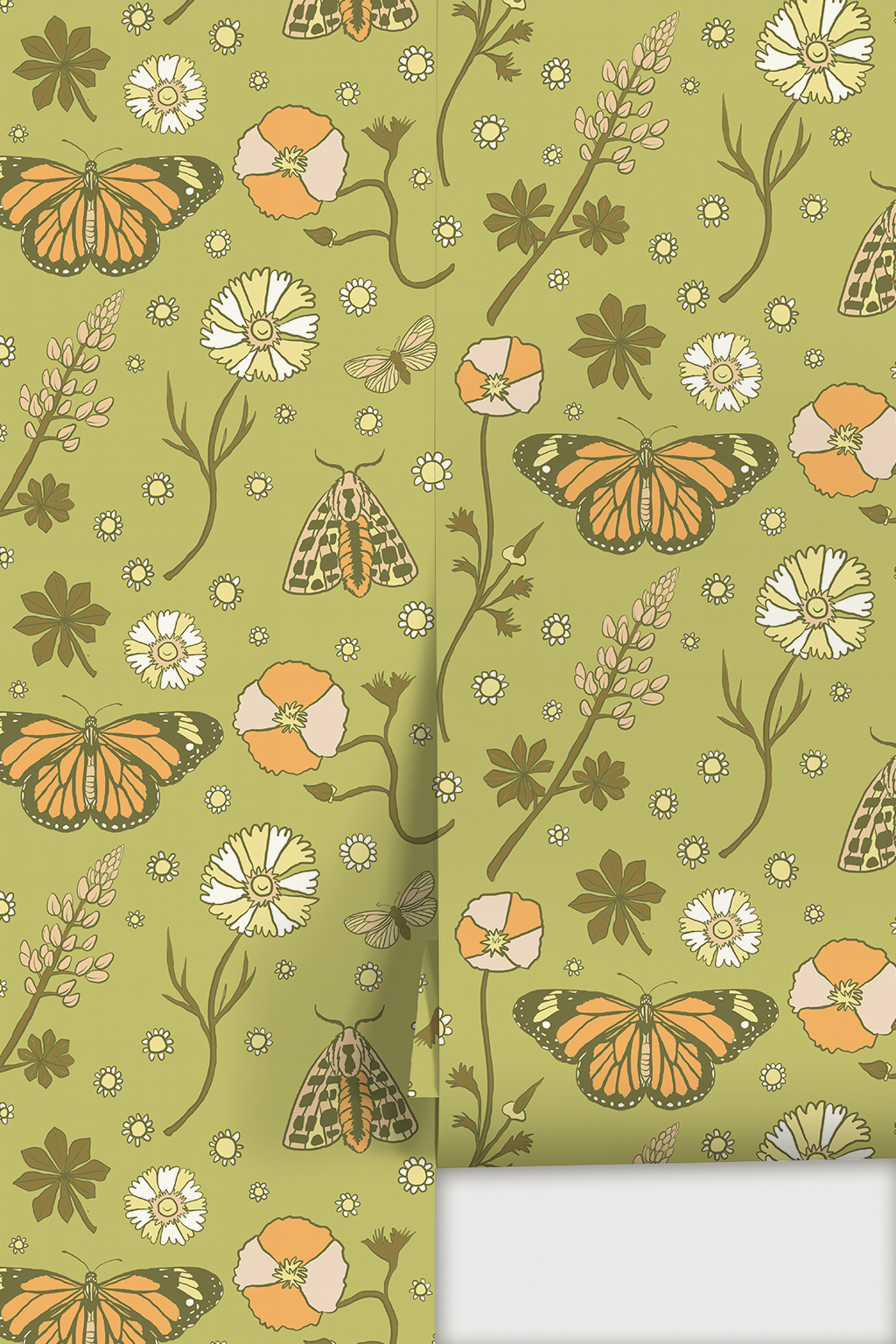 Poppy Please Wallpaper, chartreuse and orange