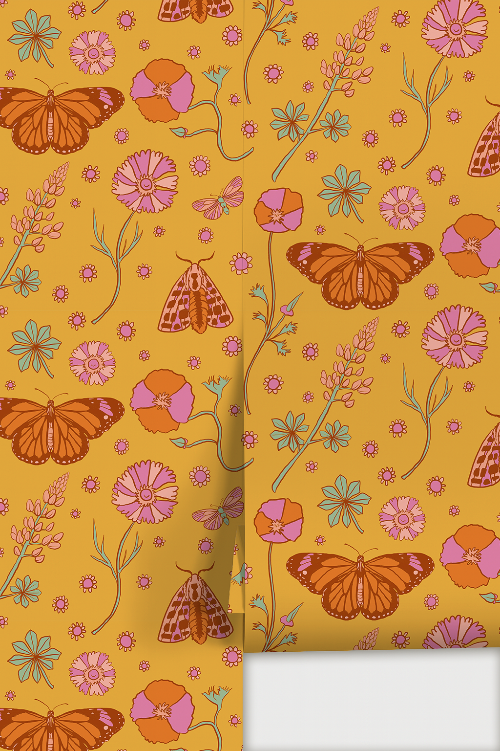 Poppy Please Wallpaper, mustard and pink