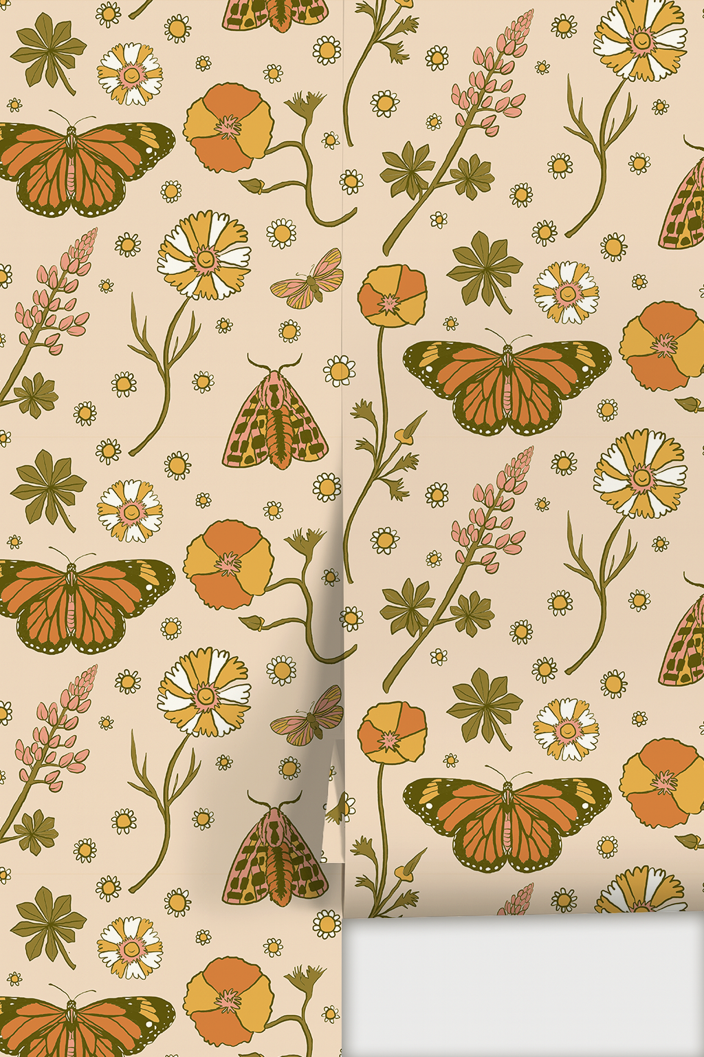 Poppy Please Wallpaper, peach and olive
