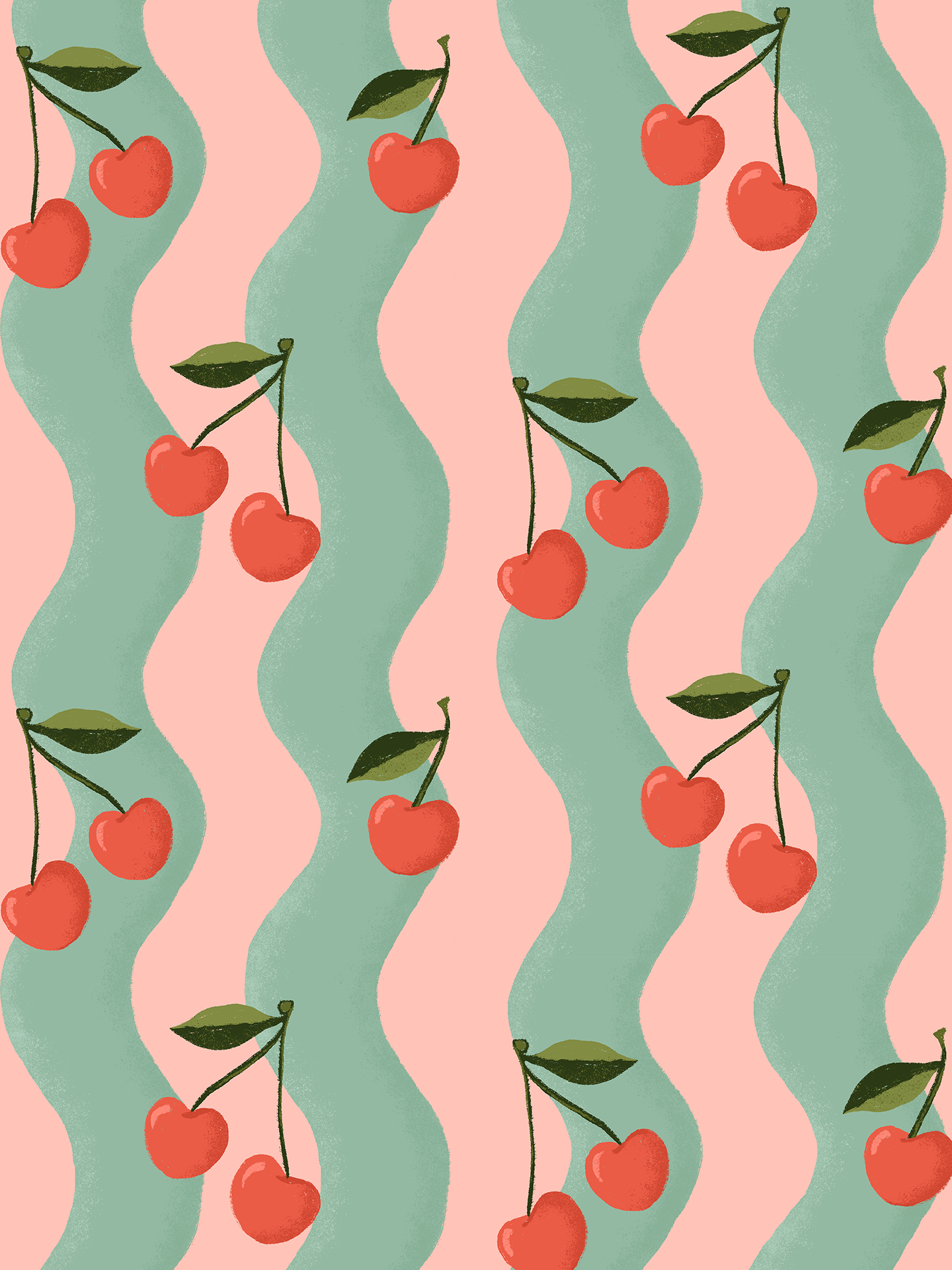 Wavy Cherry Wallpaper, pink and teal