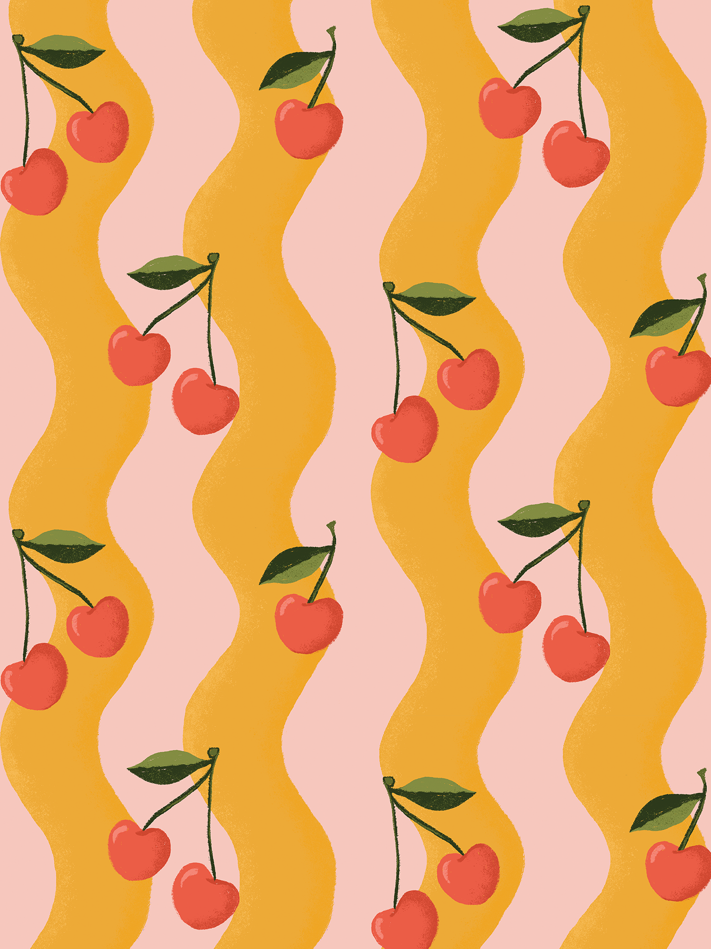 Wavy Cherry Wallpaper, pink and yellow