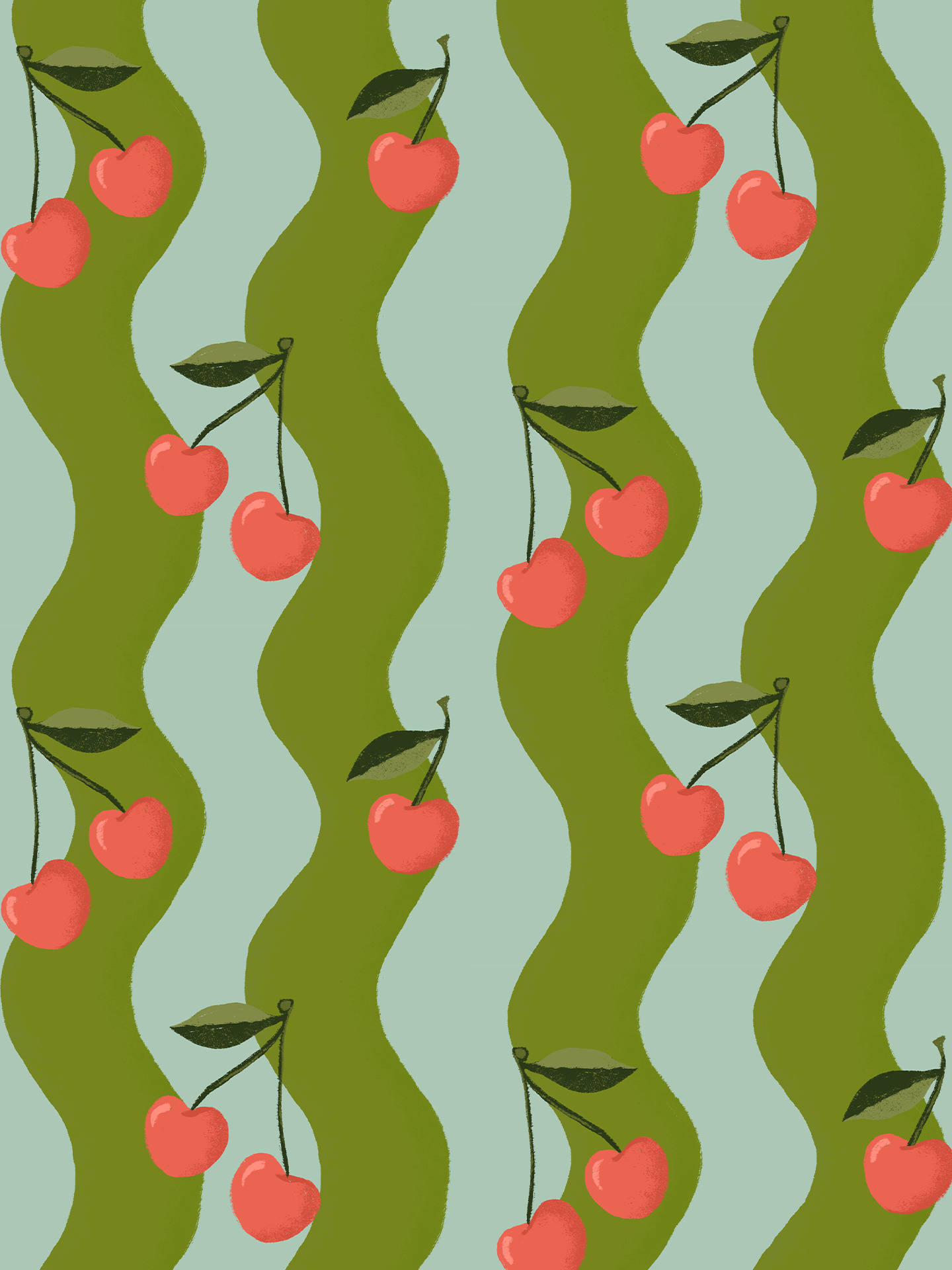 Wavy Cherry Wallpaper, teal and green