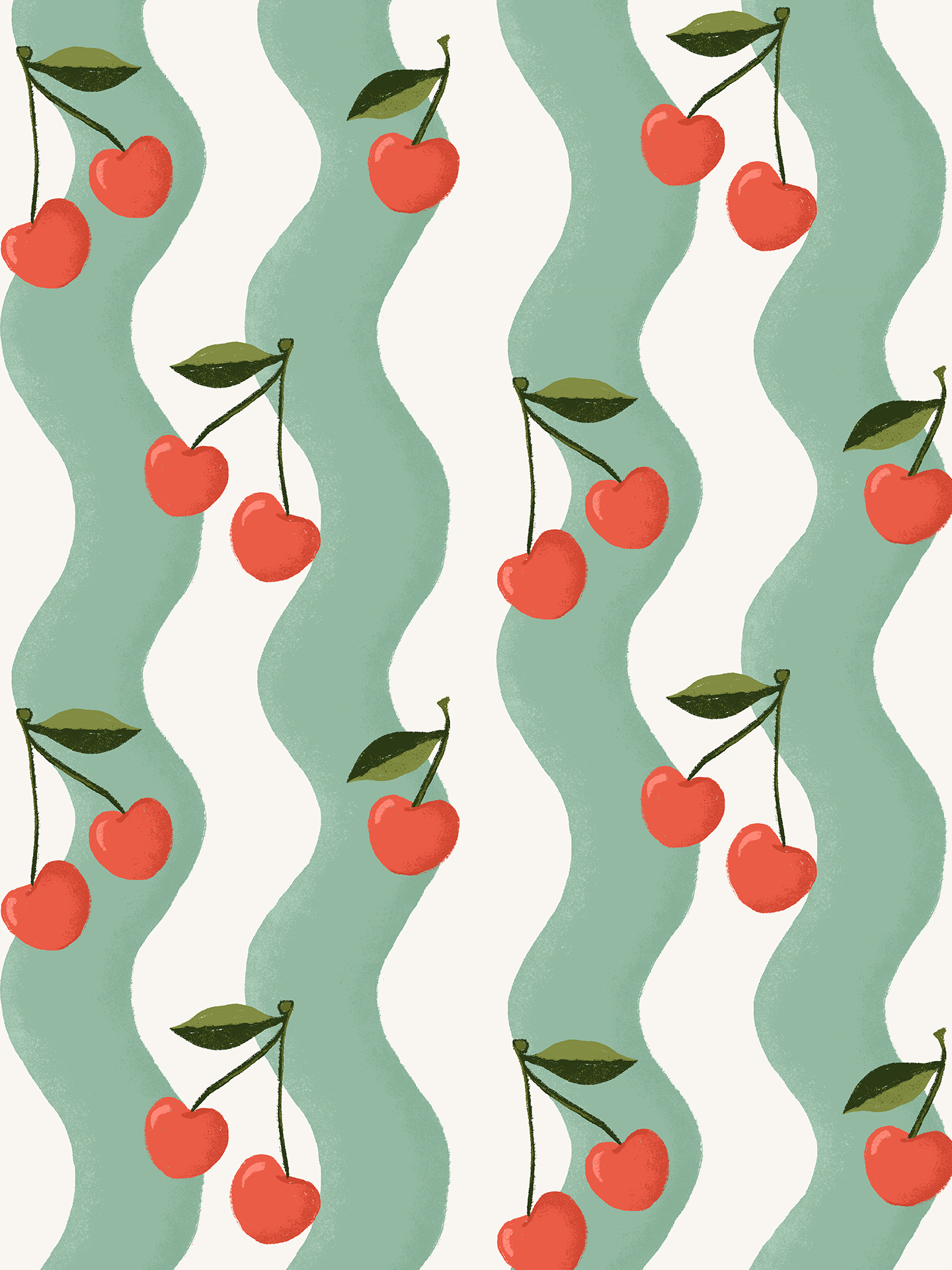 Wavy Cherry Wallpaper, white and teal