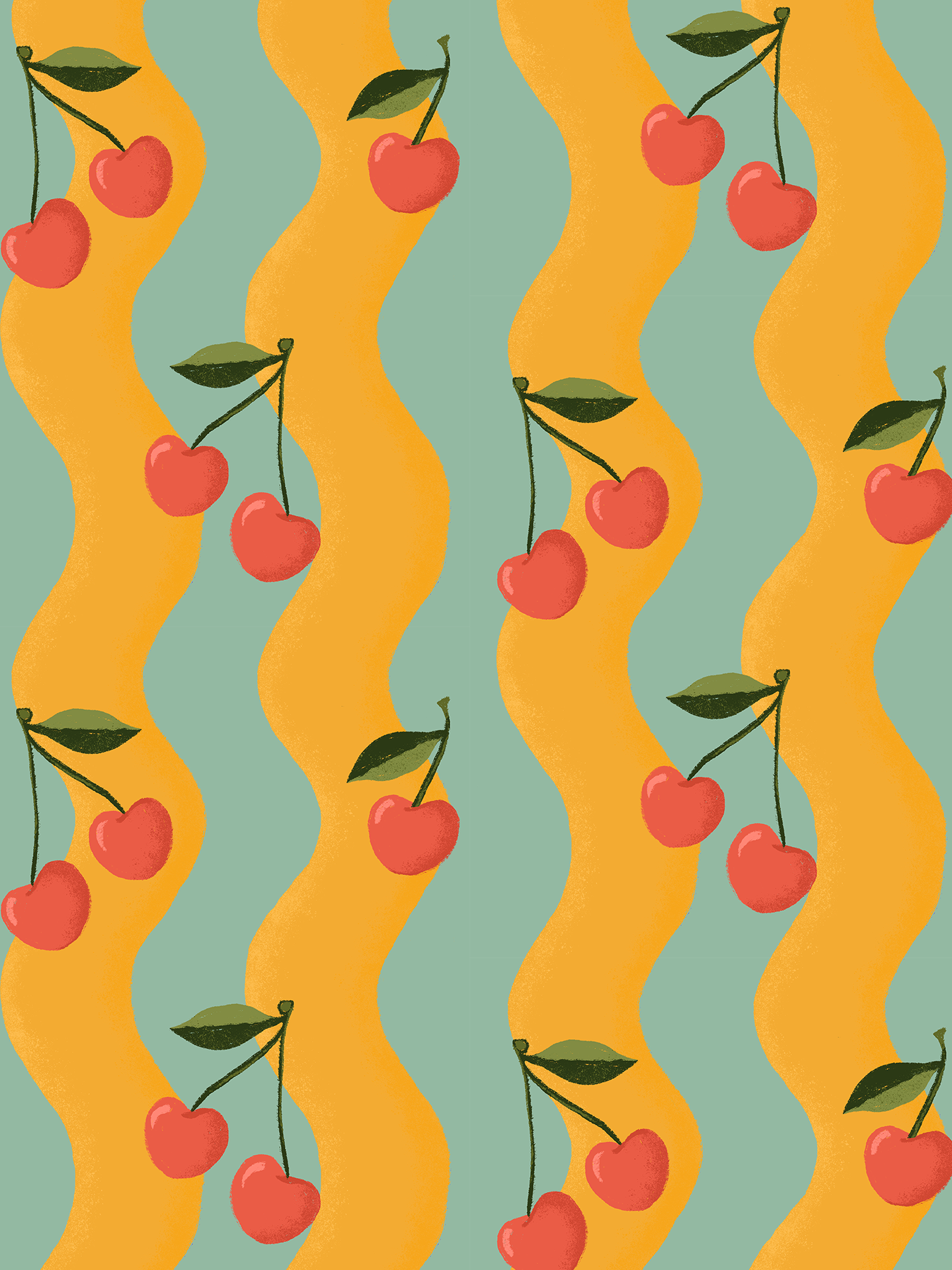 Wavy Cherry Wallpaper, yellow and teal