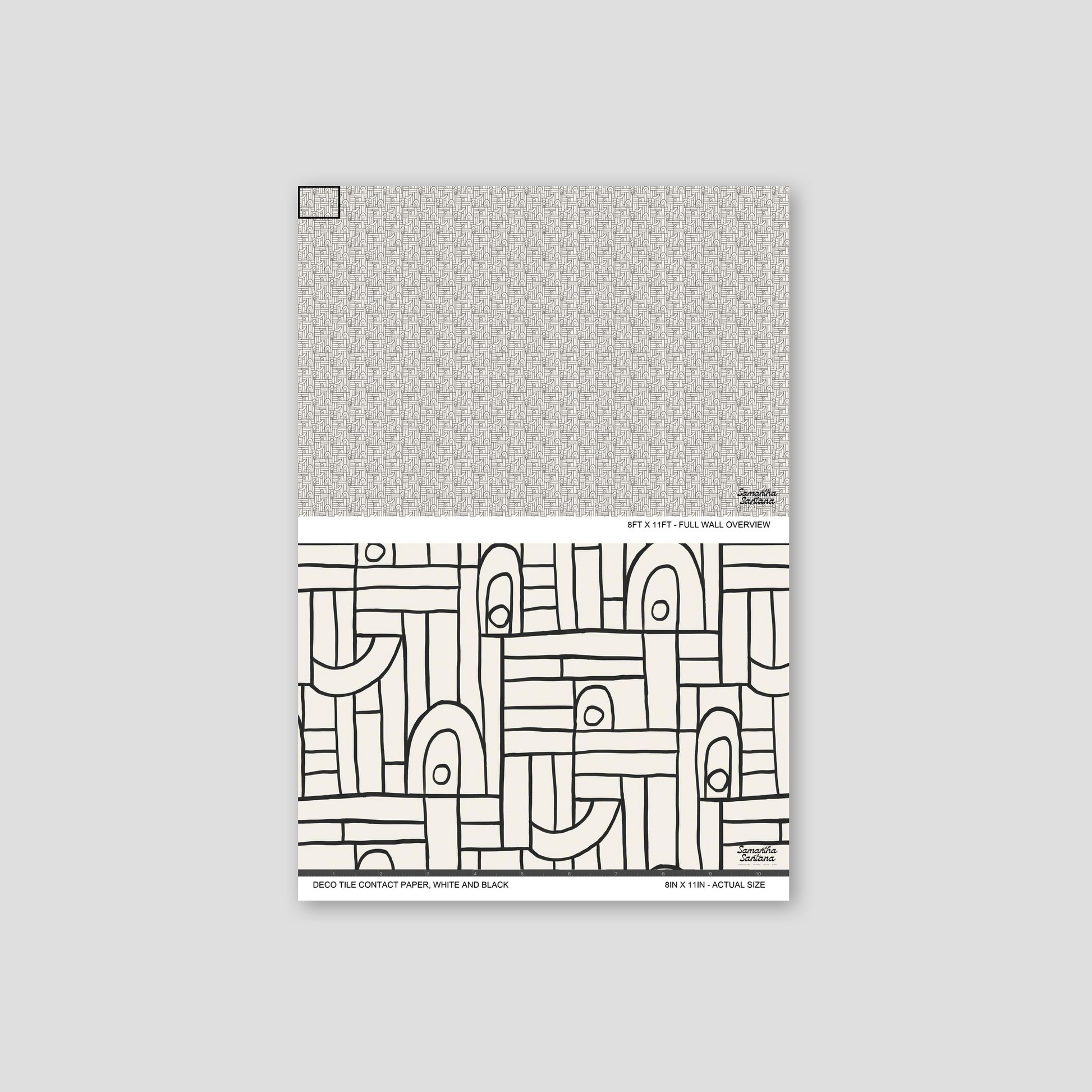 White and black geometric deco tile contact paper, shelf liner sample with bold abstract design.