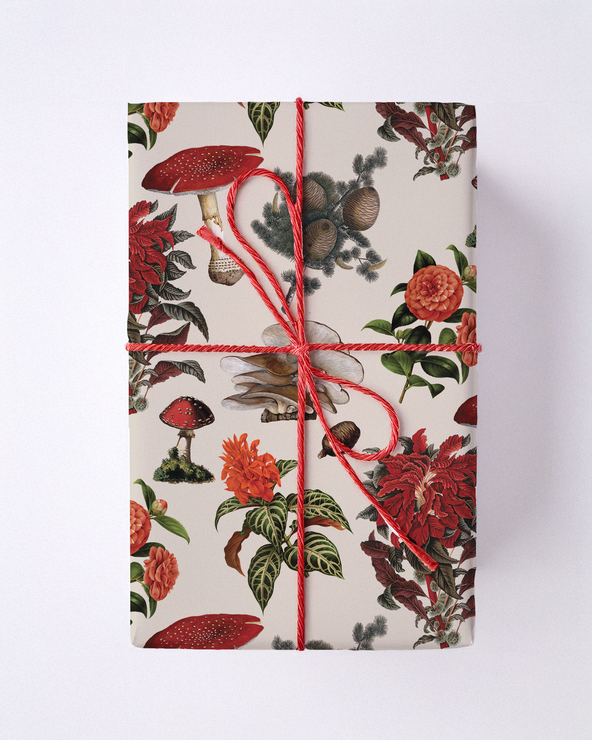 White wrapping paper with red mushrooms and florals tied with red string.