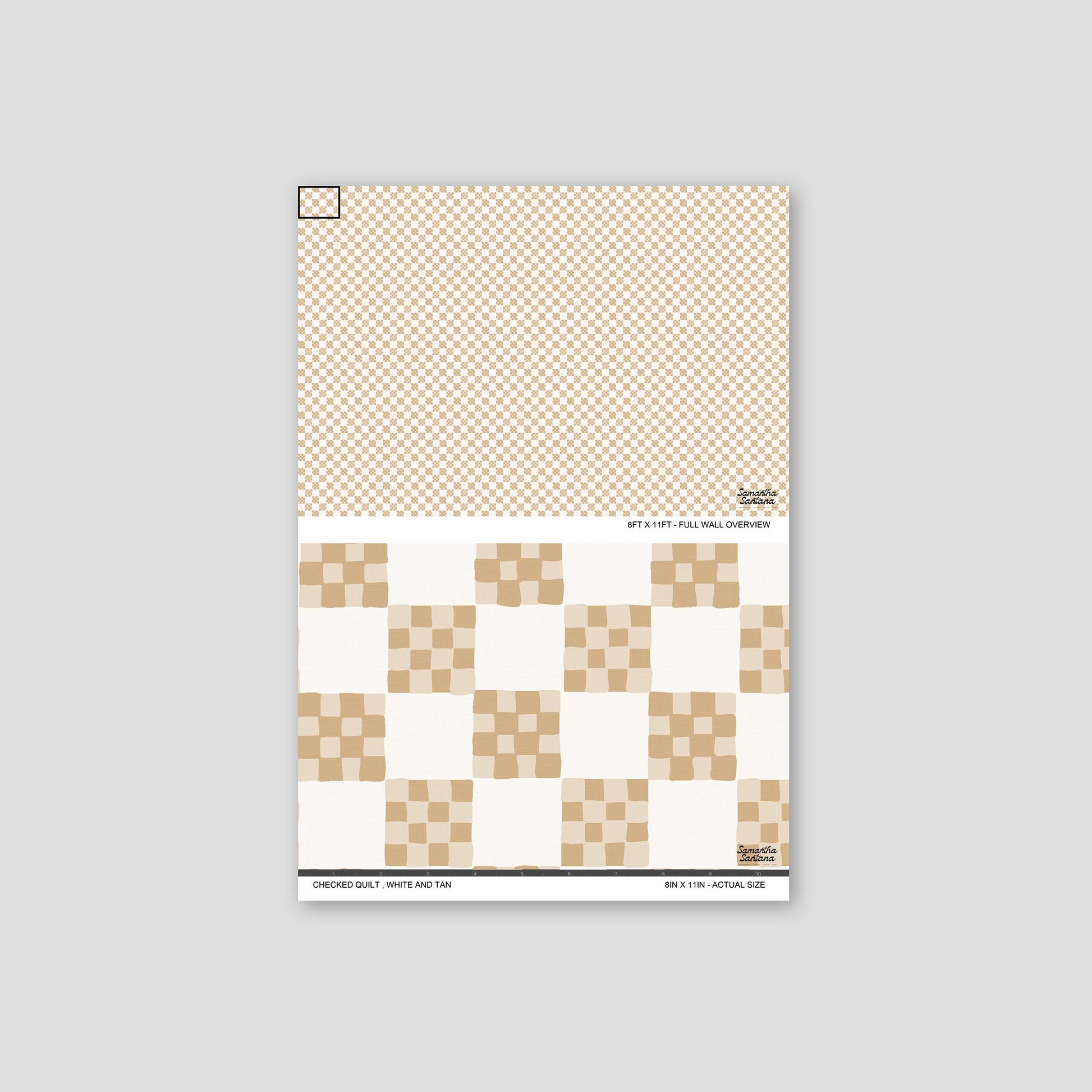 White and tan checked quilt wallpaper sample with geometric squares.