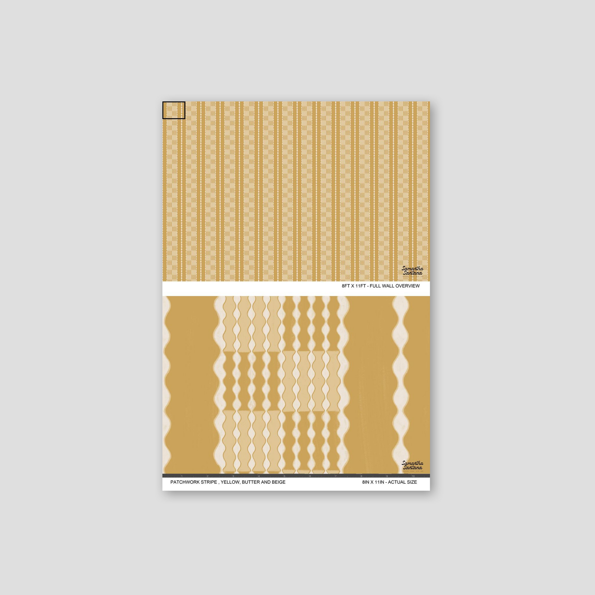 Yellow and beige patchwork stripe wallpaper sample with wavy pattern.